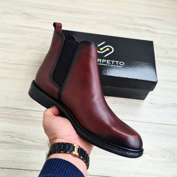 Burgundy Men's Chelsea Genuine Leather Boots - Picture 3 of 10